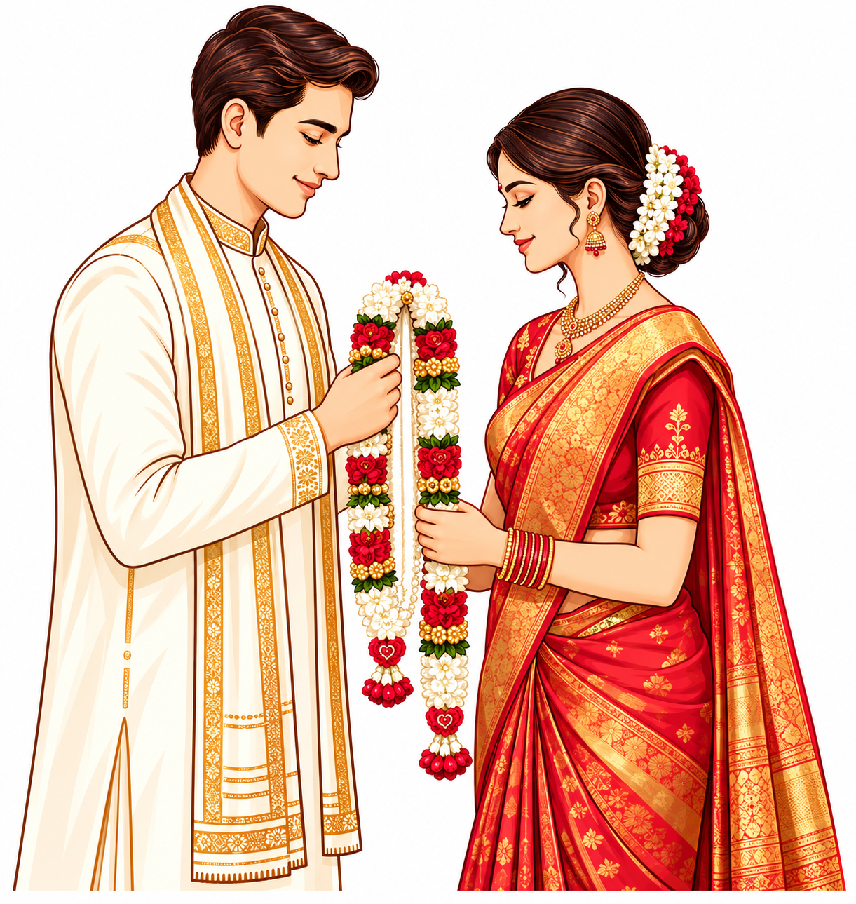 Couple exchanging floral garlands in traditional attire
